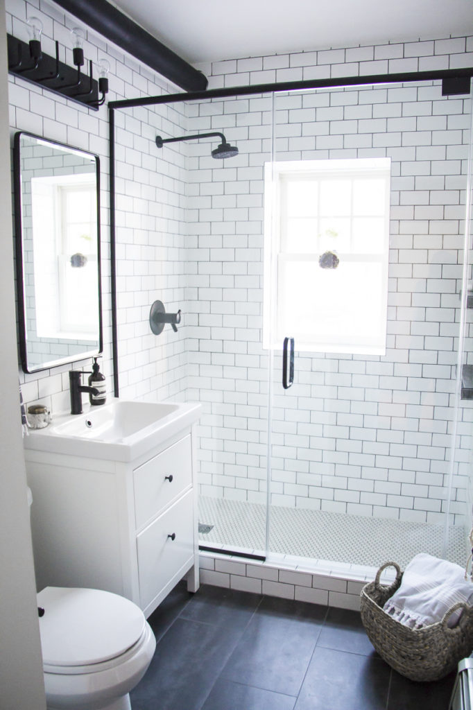 modern bathroom, black and white bathroom makeover, a bathroom with a modern mix