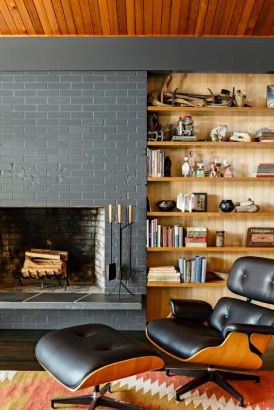 Mid Century Design, fireplace, open bookshelf