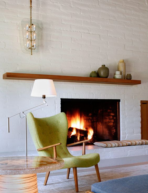 Mid century living cheap room with fireplace
