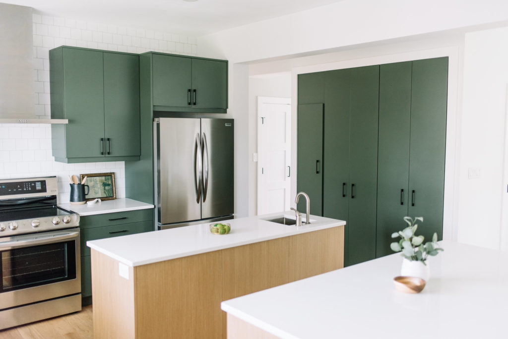 Before and After The Lady Laurier, kitchen design, green kitchen, double islands