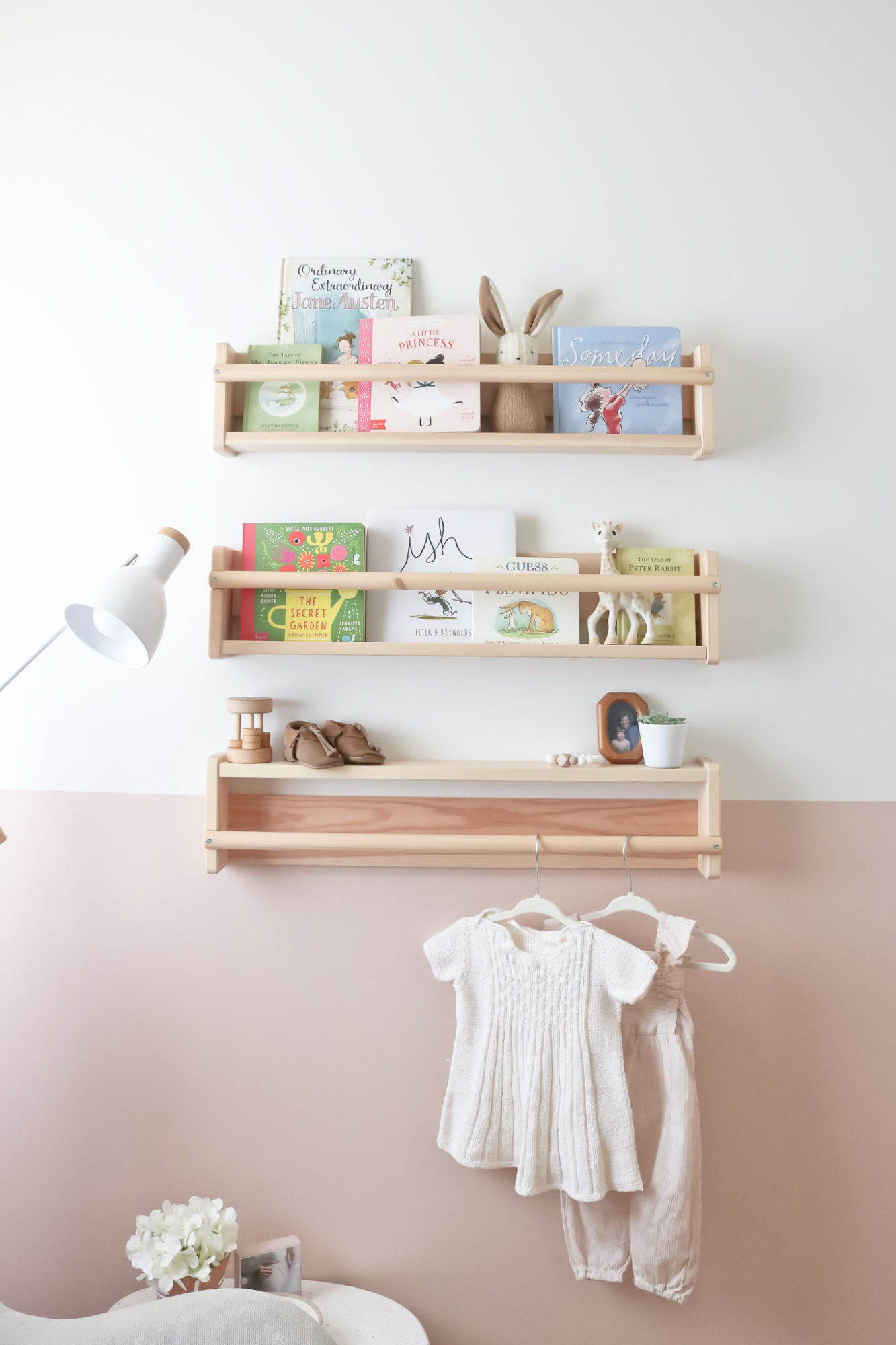 baby girl nursery, nursery reveal, pink nursery, modern baby nursery, book storage
