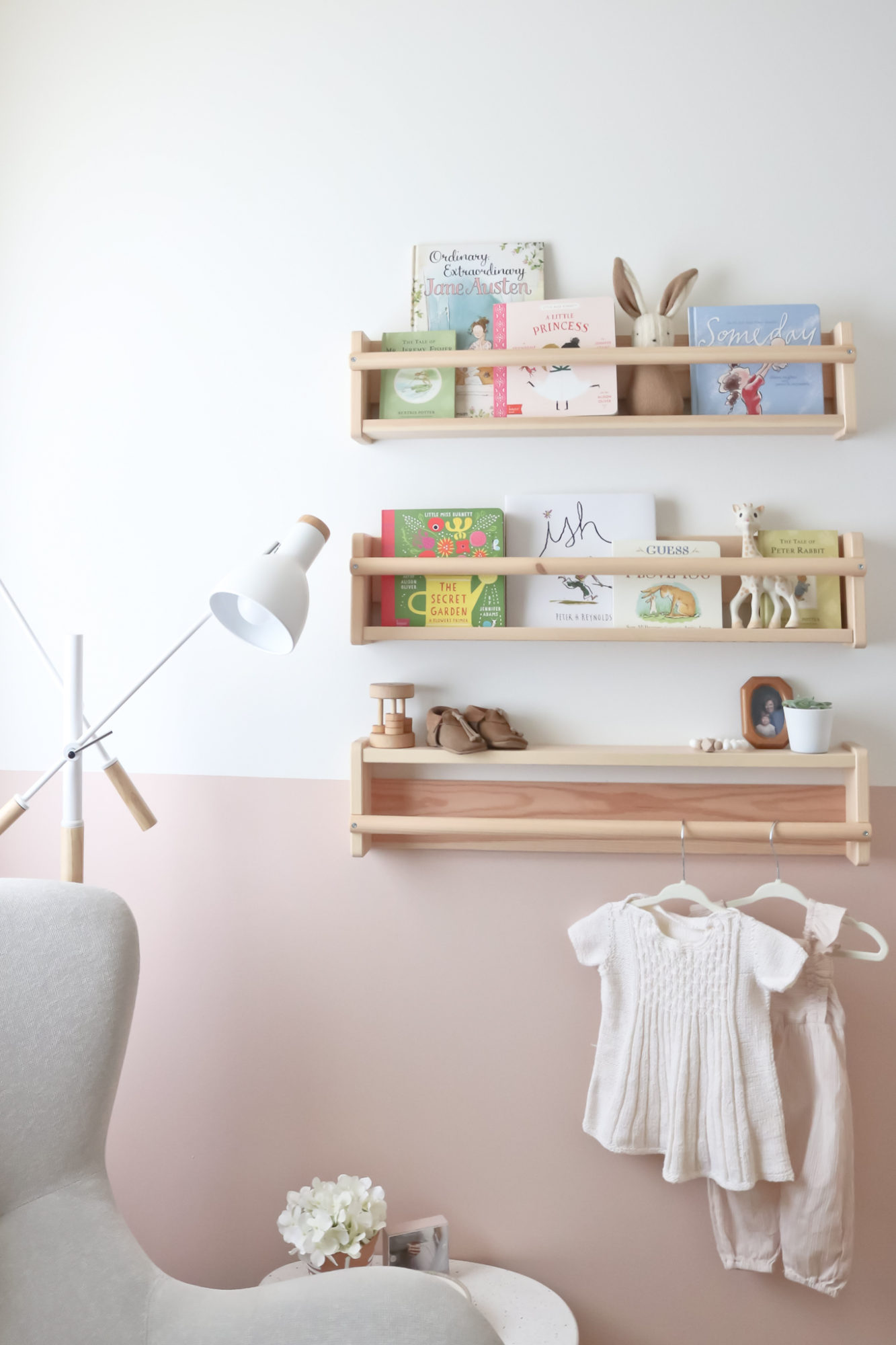 baby girl nursery, nursery reveal, pink nursery, modern baby nursery, book storage