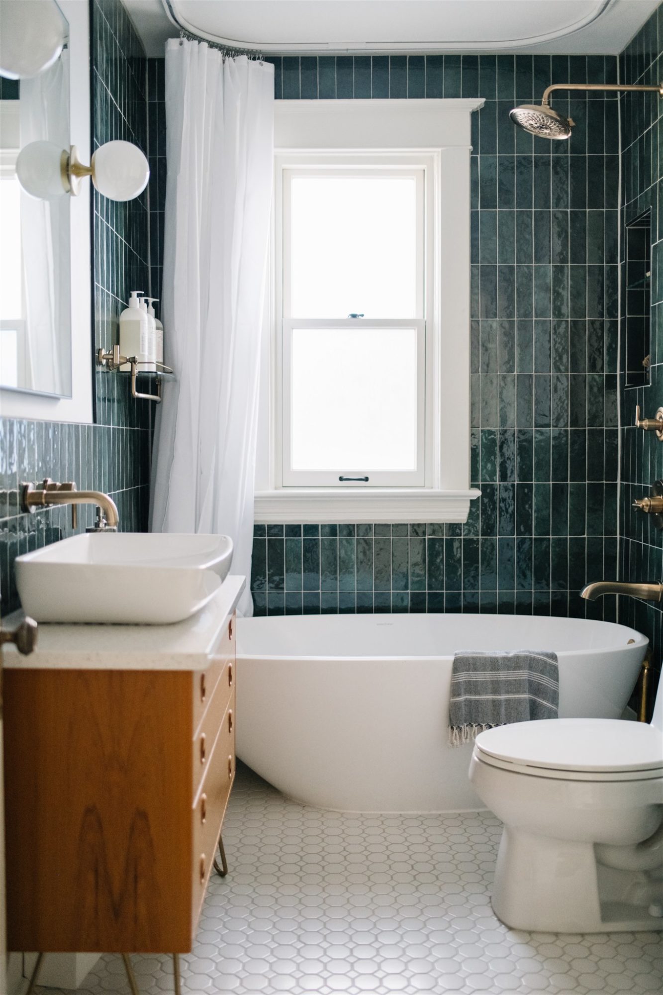 green bathroom, green tile, vintage bathroom, bathroom design, edmonton design, reveals