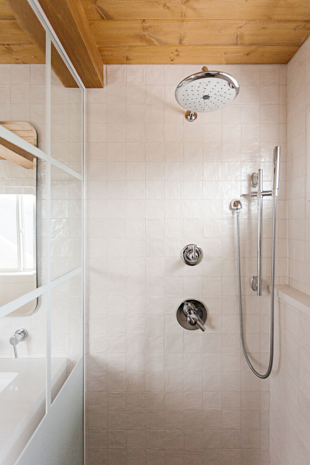 ensuite shower, Delta faucets, wood ceiling, beautiful shower design