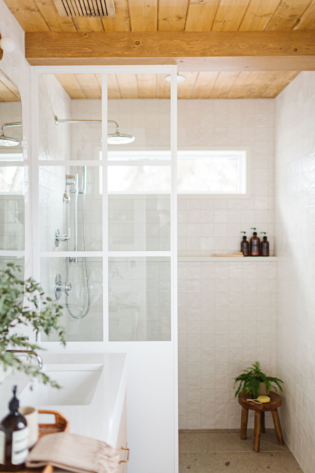 ensuite design, wood ceiling, curbless shower, double vanity, beautiful shower design