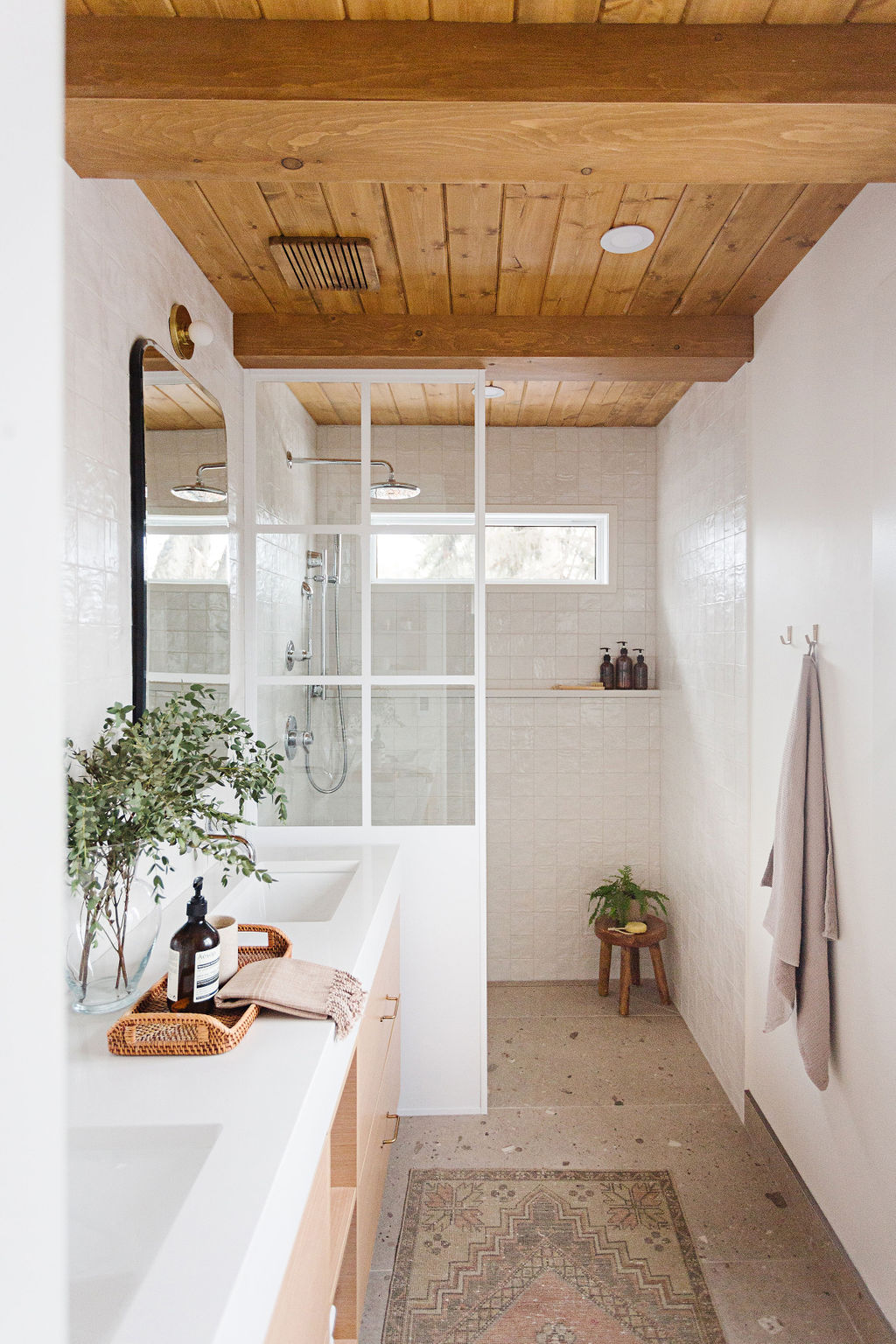 ensuite design, wood ceiling, curbless shower, double vanity